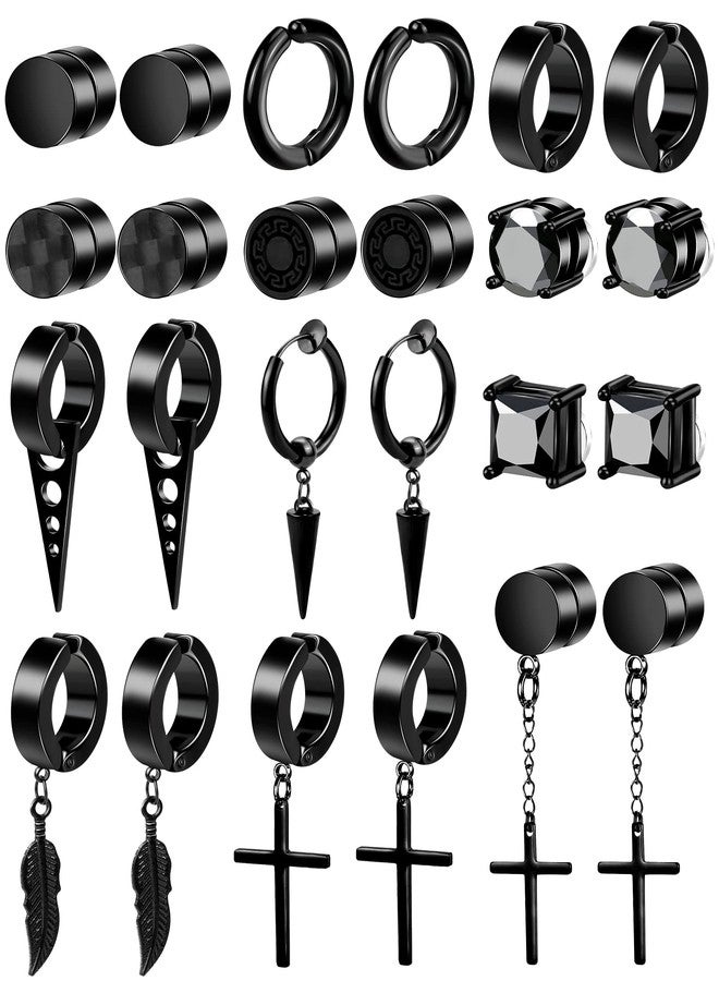 ONESING 12 Pairs Black Magnetic Earrings: Clip On, Hoop & Dangle Designs - Non-Piercing Set for Men & Women - Image 1